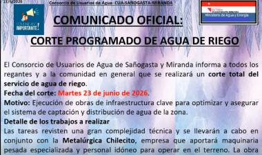 Anuncian corte total del agua de riego en Sañogasta y Miranda por obras de infraestructura