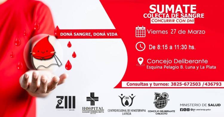 El Concejo Deliberante convoca a una colecta solidaria de sangre en Chilecito