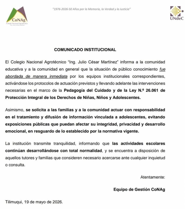Preocupación en el CONAG de Tilimuqui por la presunta presencia de un arma en un aula