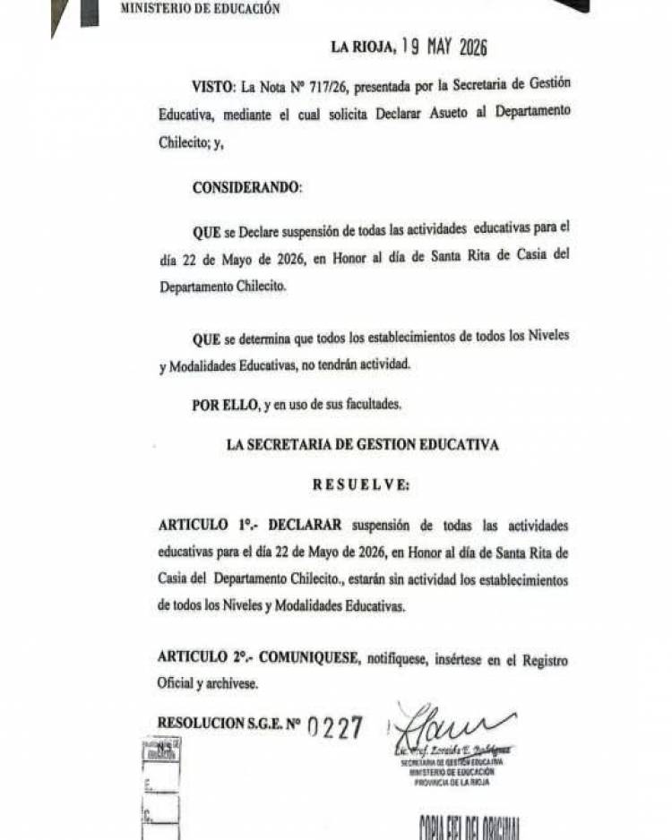 Suspenden las actividades educativas en Chilecito por el día de Santa Rita de Casia