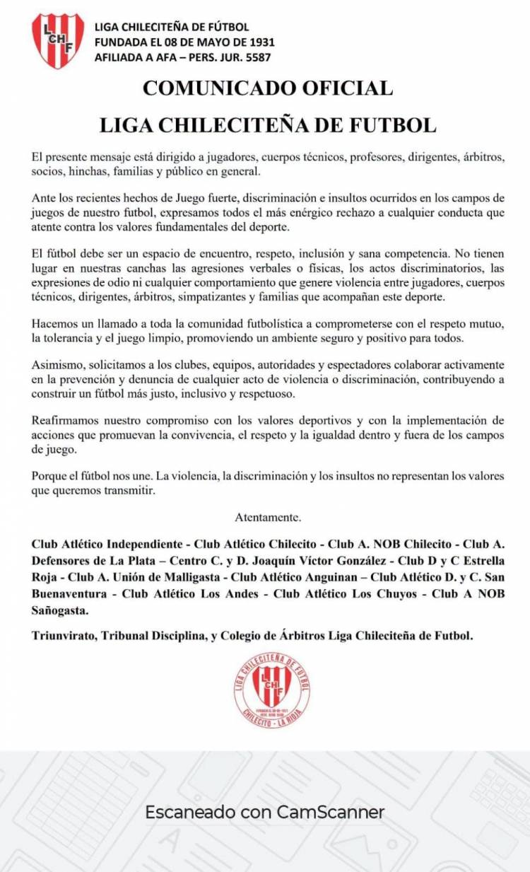 La Liga Chileciteña de Fútbol repudió los hechos de violencia, discriminación e insultos en las canchas