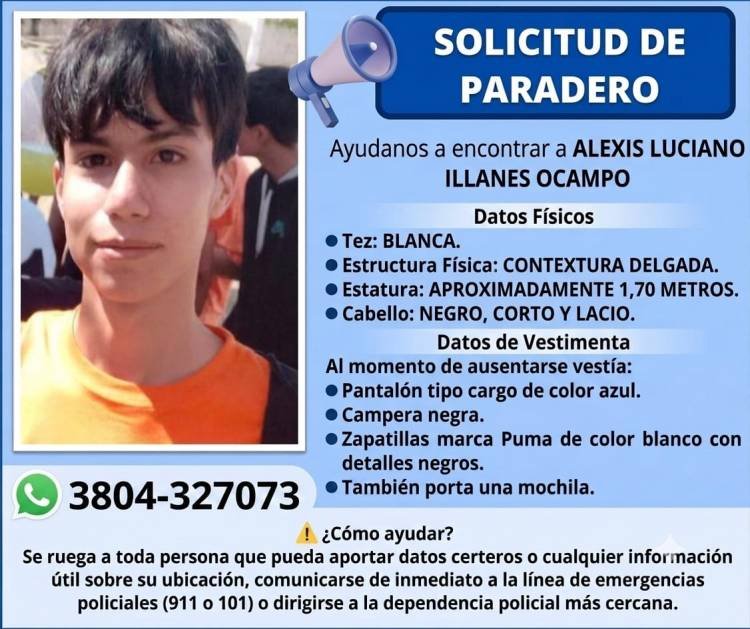Intensifican la búsqueda del menor Alexis Luciano Illanes Ocampo en Chilecito y zonas aledañas