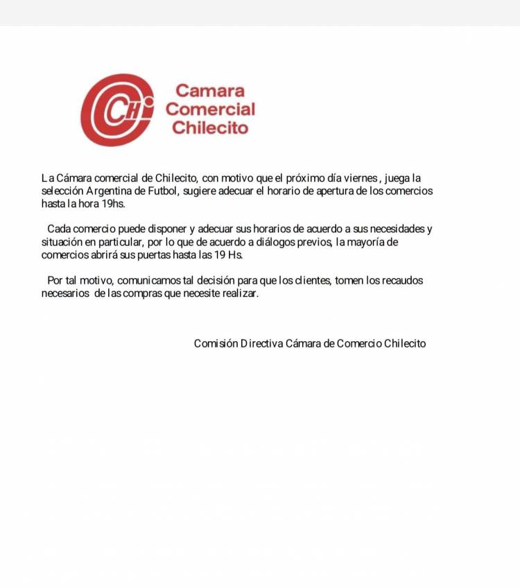 La Cámara de Comercio de Chilecito sugiere adelantar el cierre de los comercios por el partido de la Selección Argentina