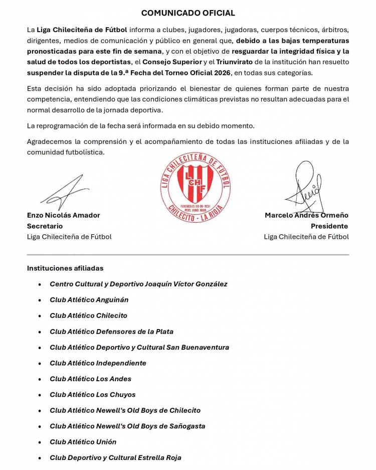 La Liga Chileciteña de Fútbol suspendió la novena fecha del Torneo Oficial por las bajas temperaturas