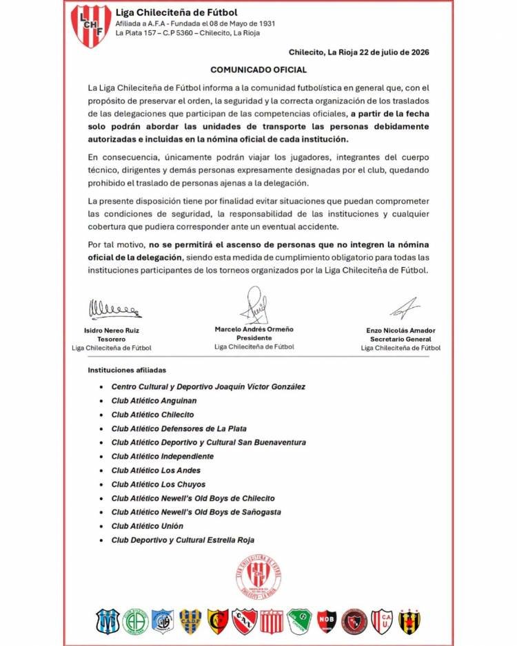 La Liga Chileciteña de Fútbol restringe el traslado de personas ajenas a las delegaciones oficiales