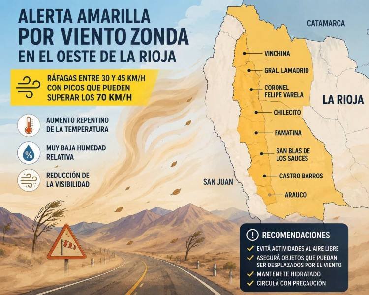 Alerta por viento Zonda en Chilecito para este lunes: recomiendan extremar las precauciones