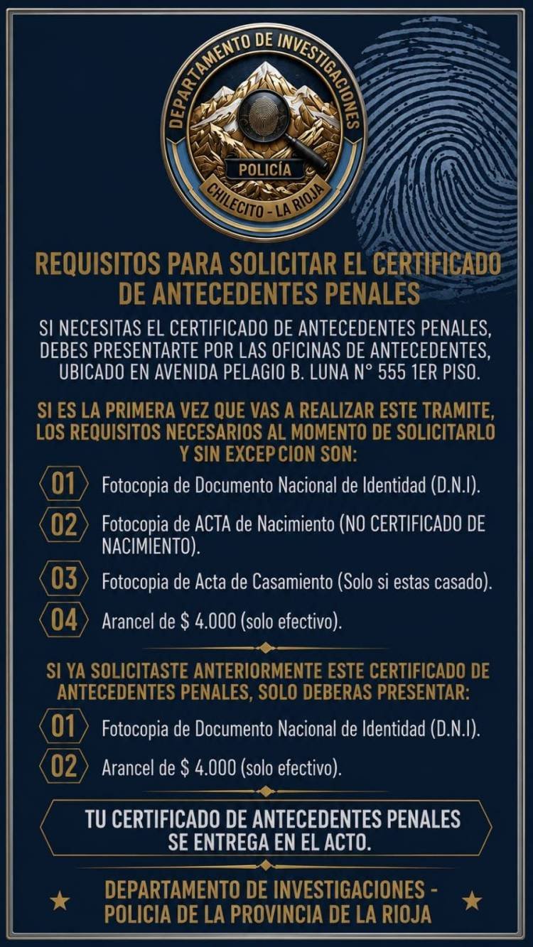 Informan los requisitos para solicitar el Certificado de Antecedentes Penales en Chilecito