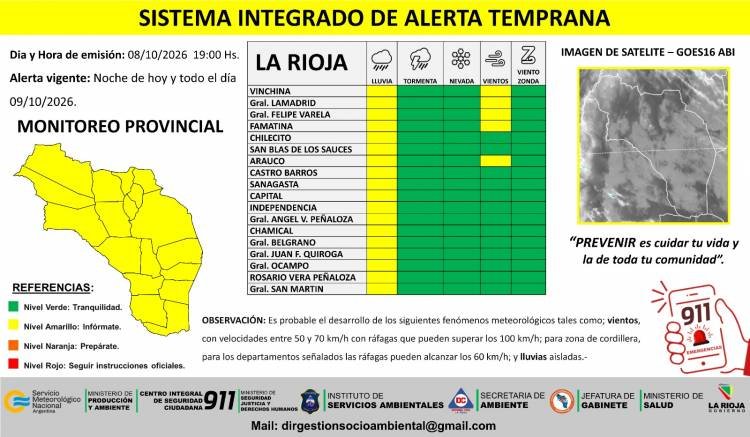 Difunden alerta amarilla por lluvias y vientos