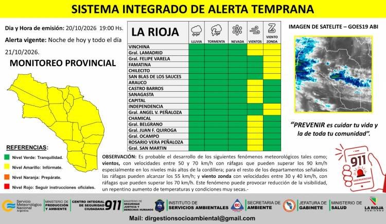 Alerta preventiva por vientos y vientos zonda